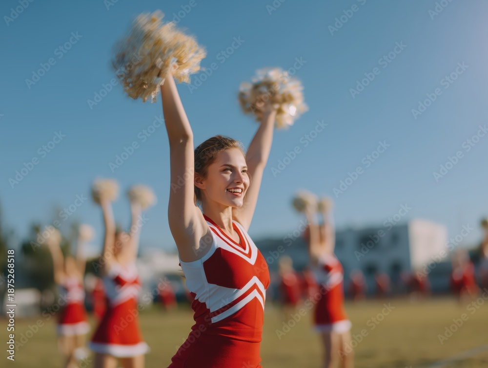 Obraz premium Young energetic cheerleader in a red uniform smiling and raising pom poms high, performing with her team outdoors on a sunny day, showcasing school spirit and enthusiasm