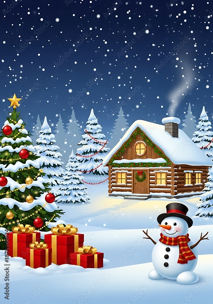 Obraz premium Snowman and decorated Christmas tree with gifts in snowy forest
