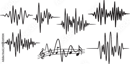 Sound wave patterns and musical notes on white background