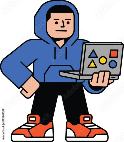 Flat vector illustration of a young tech enthusiast holding a laptop decorated with stickers. Represents technology, creativity, programming, and startup culture.