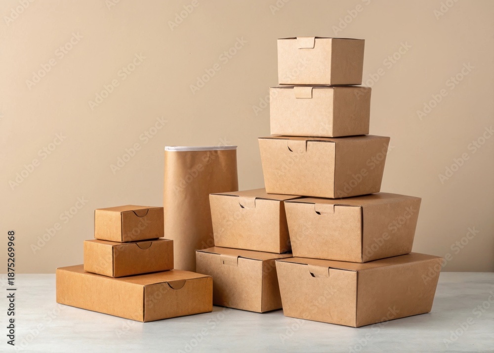 Obraz premium Stack of various sized brown cardboard boxes and a paper cylinder, representing shipping and delivery.