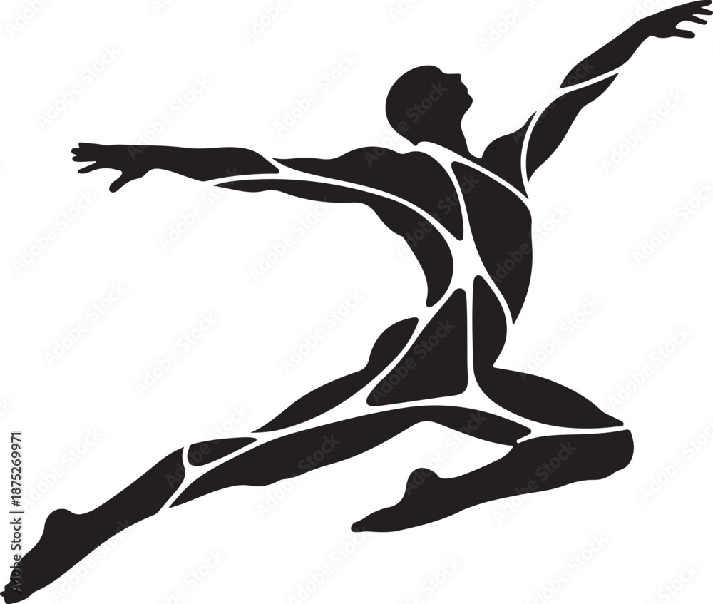 Fototapeta premium Powerful Male Silhouette Leaping in Mid-Air with Abstract Muscle Definition