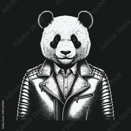 Panda in Leather Jacket: A Unique Animal Portrait Illustration.