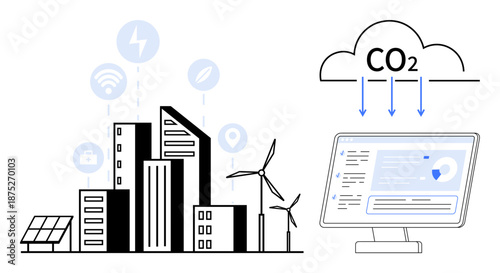 Smart cities, renewable energy, carbon tracking, data analytics, eco-tech, environmental monitoring. Urban skyline with wind turbines and solar panels. Renewable energy and carbon tracking concepts