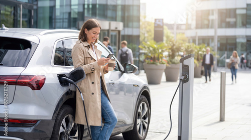 Woman enjoys a stress-free moment as her electric vehicle charges at a modern city station holding a coffee, reflecting the convenience and ease of sustainable urban mobility.