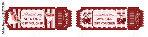 Valentine’s Day gift voucher and coupon set 50% off in retro style with gift boxes, bows and flower bouquets