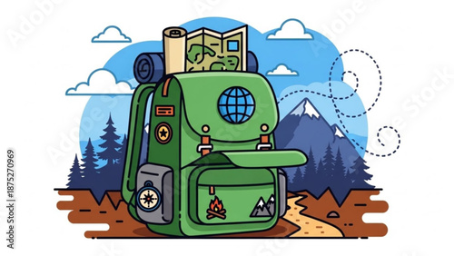 Green Backpack with Travel Accessories on Top in Cartoon Style