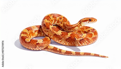 Two corn snakes coiled on a white surface, vibrant orange and red scales with cream markings, one larger than the other, showcasing pattern, texture, and reptilian contrast in a clean composition.