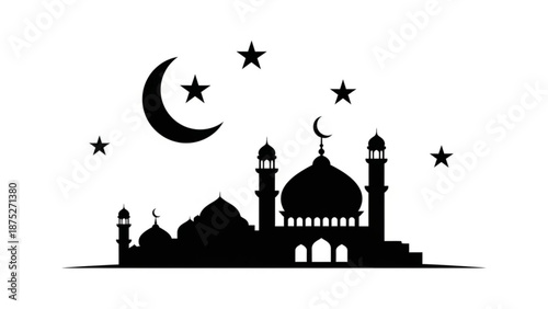 Mosque Silhouette with Crescent Moon and Stars on White Background