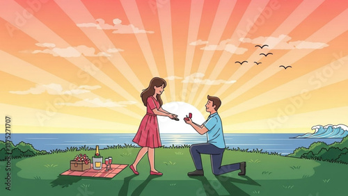 Man Proposing to Woman on One Knee at Sunset on Green Grassy Hill