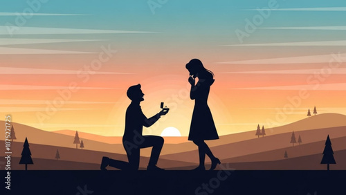 Man Proposing to Woman at Sunset in Rolling Hills Landscape