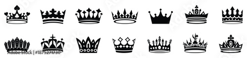 Crown vector collection of royal luxury symbols. Black crown silhouettes in diverse designs. Isolated icons symbolizing power, authority, majesty, king, queen, monarchy.