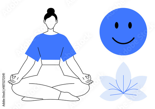Meditation theme. Woman sitting in lotus position s meditation and calmness. Meditation promotes happiness by a happy face and balance by a lotus flower. For wellness apps, mental health, fitness