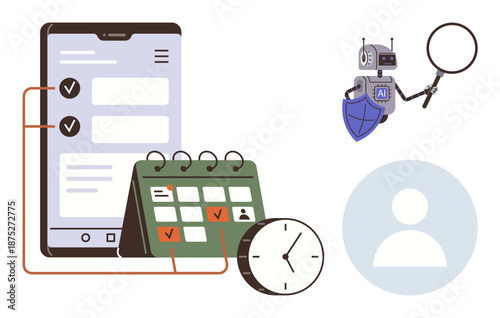 Time management, AI security, personal organization, task efficiency, schedule planning, identity verification. Smartphone with task list, calendar clock robot magnifying glass. Time management