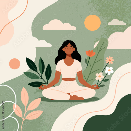 Woman Meditating in Nature – Calm Yoga and Mindfulness Flat Vector Illustration