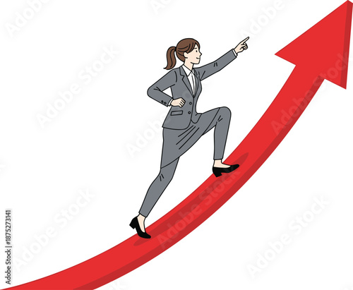 businesswoman climbing upward red arrow, career growth success concept, leadership motivation, professional achievement vector illustration isolated design