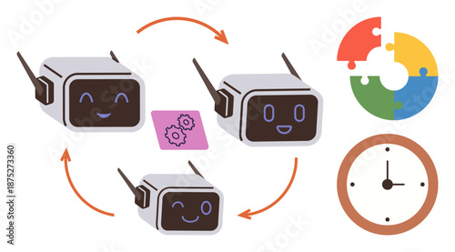 Process automation, teamwork, workflow management, time management, robotics, efficiency. Smiling robot interfaces, arrows gears puzzle diagram and clock. Automation and teamwork concept