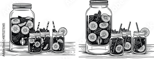 A collection of mason jar drinks on a wooden table, featuring a large dispenser and individual glasses