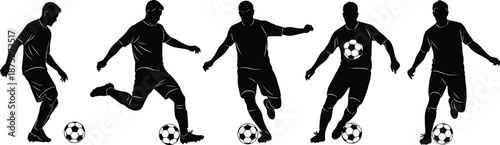 Soccer dribbling silhouettes, football player action sequence, ball control movement, professional sports activity, black human figures, isolated vector illustration