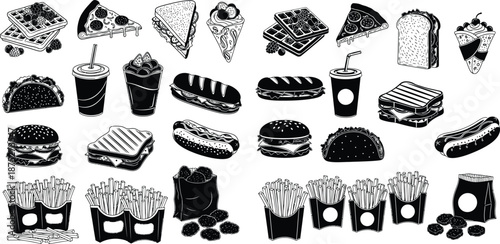 Assortment of popular fast food menu items including burgers, fries, pizza, and snacks