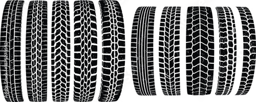 Assortment of wheel imprint silhouettes suitable for automotive, racing, or adventure themed graphics