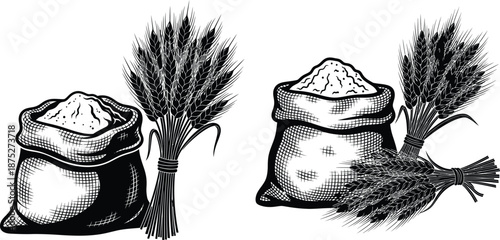 Bundles of fresh wheat stalks and rustic sacks of flour presented in black silhouette