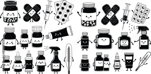 Charming cartoon medicine bottles and healthcare tools with cute faces, vector illustration for medical themes