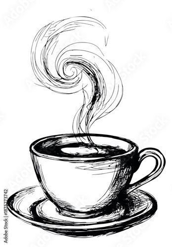 Hand drawn line art illustration of a coffee cup and saucer depicting hot steam rising for cafe menus and morning themes
