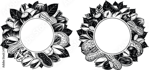 Circular frames composed of assorted healthy nuts and botanical leaves, creating a natural border for labels or text