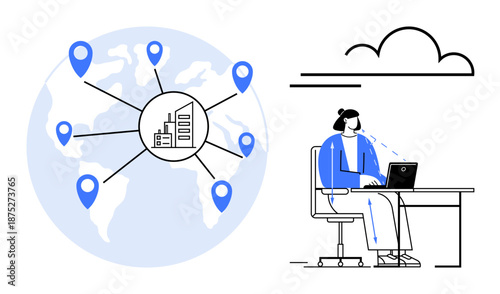 Global business connectivity. A world map with location markers global reach, while a person at a laptop s remote work. Perfect for global commerce, teamwork, networking, digital nomadism