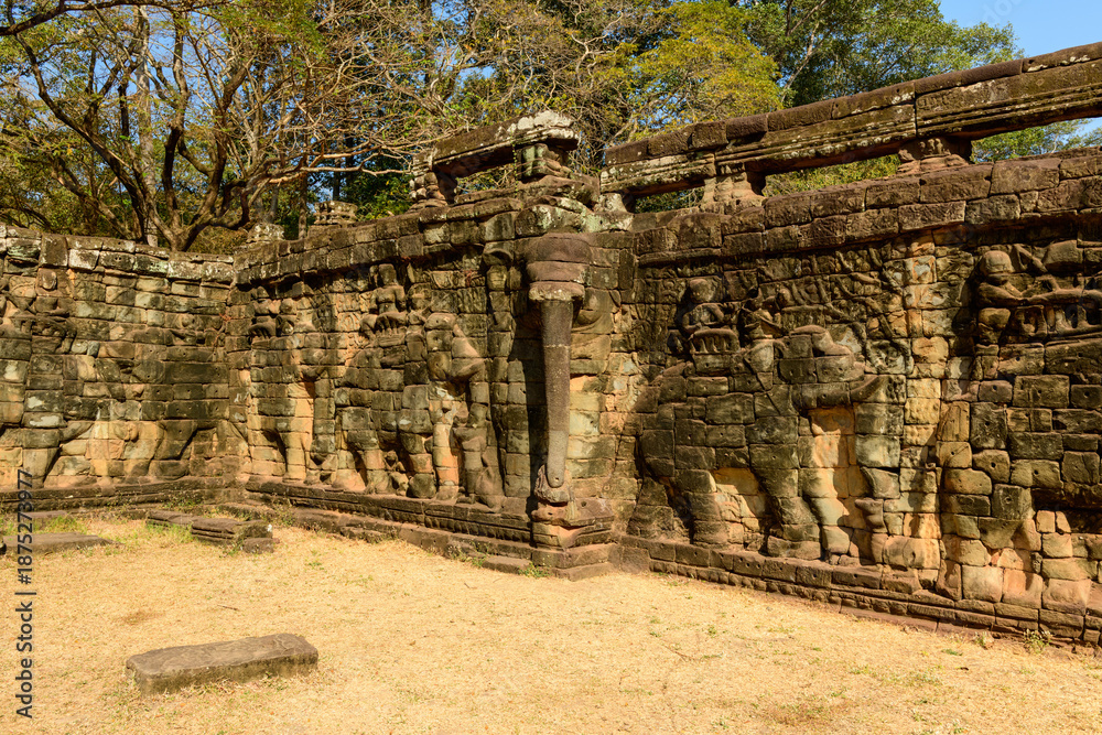 Fototapeta premium Warm sunlight highlights the detailed stone carvings of elephants on the ancient Terrace of the Elephants in Angkor, Cambodia. The weathered sandstone reliefs stand out against a backdrop of dry grass