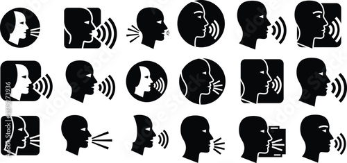 Collection of black silhouette icons showing speaking and listening concepts in various profile views