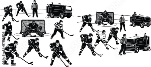 Collection of ice hockey players, goalie, referee, net, and Zamboni, depicted as detailed silhouettes