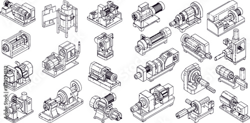 Collection of isometric line art industrial machinery, motors, and pumps, useful for engineering schematics and diagrams
