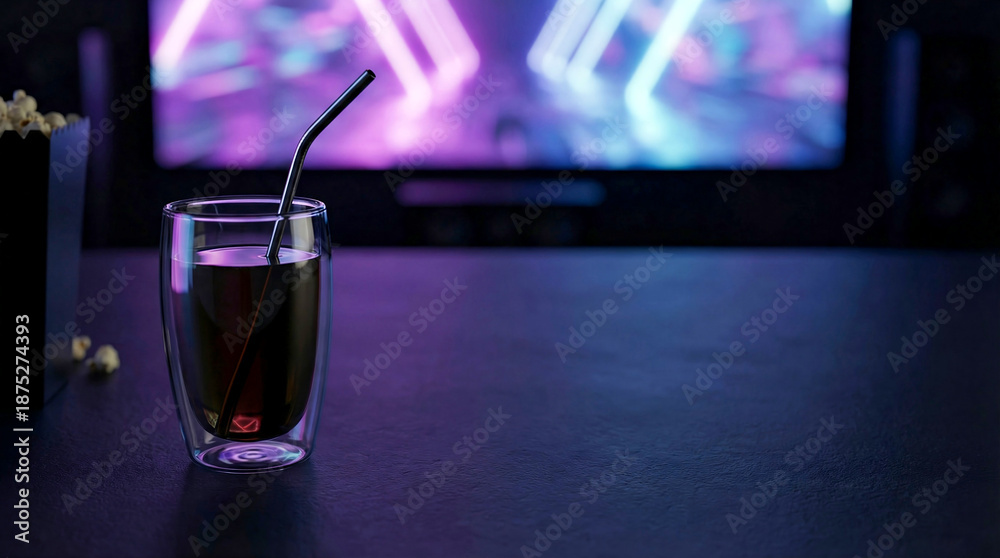 Fototapeta premium Glass of soda with straw on table in cinema with neon blurred background