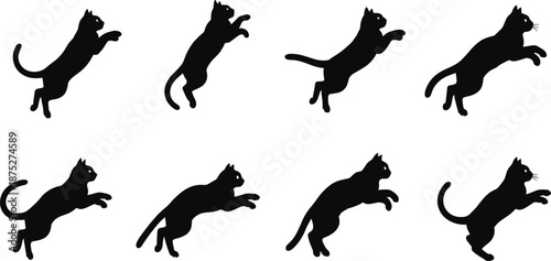 Jumping cat silhouette collection showing dynamic feline motion poses, perfect for pet illustrations, animal artwork, animation frames, graphic design elements and vector projects