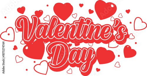 This vibrant Valentine’s Day vector features bold and playful typography reading “Valentine’s Day,” surrounded by scattered red heart illustrations. The lively hand-drawn lettering and cheerful heart 