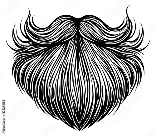 Hand drawn line art illustration of a beard and mustache depicting a full, classic style for men's grooming and fashion