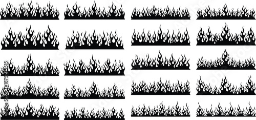 Diverse set of dynamic fire flame silhouettes providing various stylized shapes for energetic graphic design elements