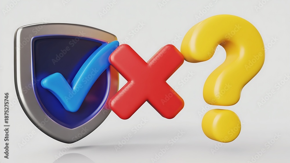 Obraz premium A 3D render showcasing a shield with a checkmark, a cross, and a question mark on a white background.