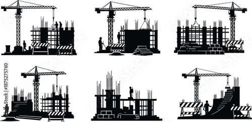 Mega Construction Site Building Project Silhouette Set, Tower Cranes, Reinforced Concrete Frames, and Workers, Industrial Vector Icons for Real Estate Development and Engineering Business.