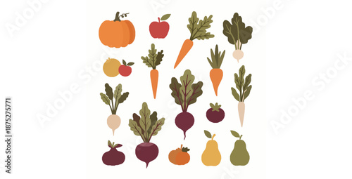 Abstract doodle organic fruits and vegetables harvest vector set