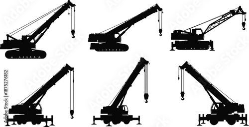 Mobile Crane Construction Machinery Silhouette Set, Industrial Hydraulic Lifting Equipment, Vector Illustrations for Heavy Transport, Building Erection, and Specialized Engineering Services.