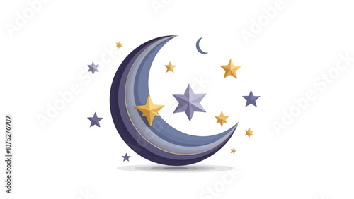 Vector illustration of a crescent moon Ramadan with stars and a smaller crescent moon, symbolizing Ramadan Kareem in a celestial night sky with blue, purple, and gold colors.