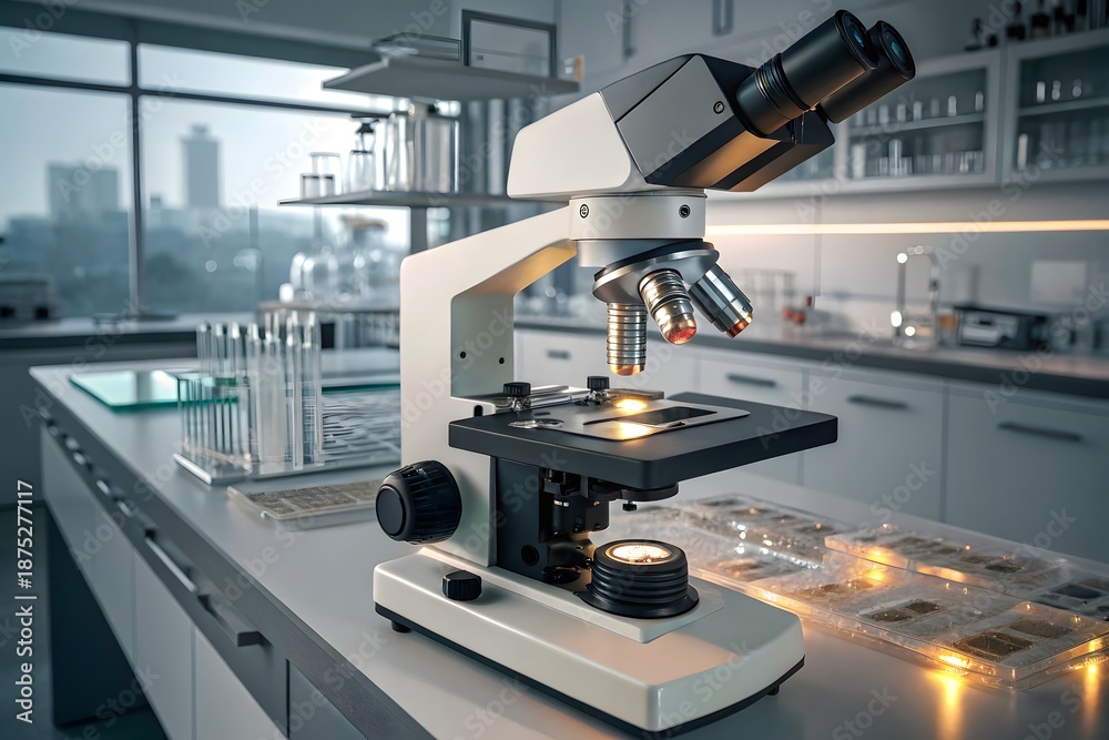 Fototapeta premium Modern Microscope on Laboratory Bench with Slides