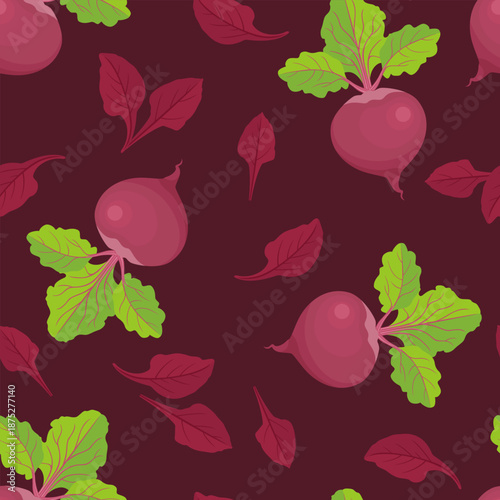 Beetroot seamless pattern. Vector background with cartoon flat root vegetable, green and purple leaves on dark. 
