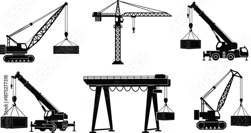 Silhouette cranes lifting cargo containers, mobile crane, tower crane, gantry crane, construction equipment, shipping logistics, industrial machinery, heavy lifting