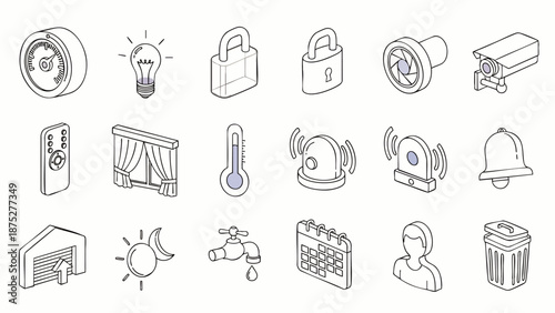 Smart Home Technology Icons: Security, Automation, and Control Elements in Isometric Outline Style