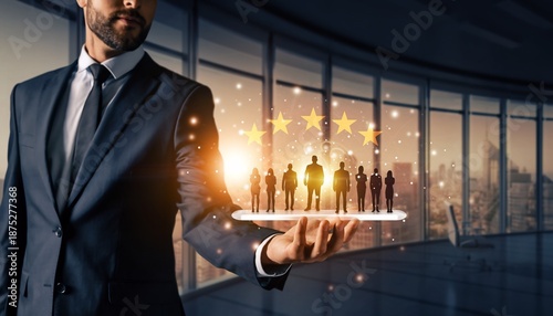 Businessman holding a glowing tablet with star ratings and a team of silhouettes, symbolizing excellent customer feedback and top-rated employee performance for business, reviews, and success.