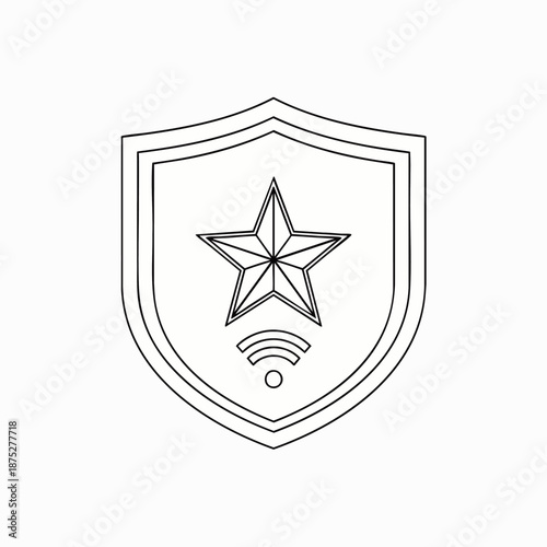 Digital security shield icon with star and Wi-Fi symbol, representing protected online connection and network safety. Line art illustration.